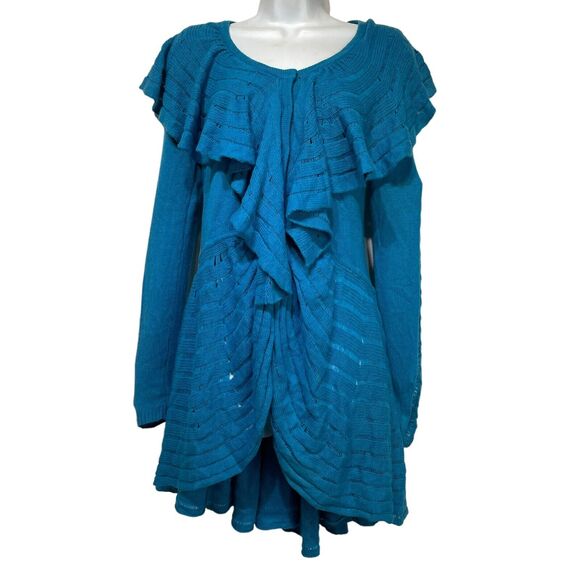 Anthropologie Leifnotes Womens S Ridged Cardigan Sweater Blue Long Sleeve Ruffle - Picture 1 of 7
